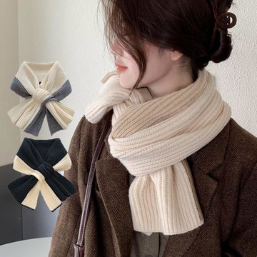 QIDINA 韓版慵懶風圍巾百搭針織保暖拼色小圍脖-A