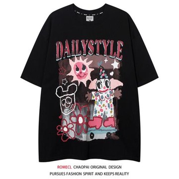 ROMECL日系甜酷風卡通趣味涂鴉純棉短袖T恤ins超火情侶休閑打底衫