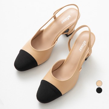 阿菲納爾 圓頭雙色拼接露跟鞋 (6公分粗跟)  淺褐色的  235