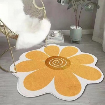 韓風插圖圓形仿羊絨地毯  100cm  黃色花