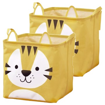 動物造型棉麻收納籃 內層防水塗層 可摺疊收納  33 x 33 x 33cm  老虎 黃色  2個