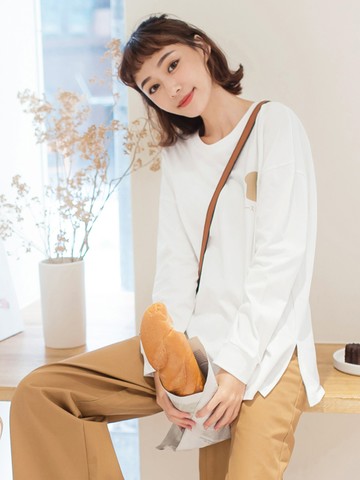 純棉可愛吐司圖印下襬開衩上衣