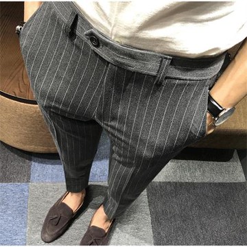 韓版條紋九分褲胖子大碼 男修身小腳褲百搭休閑9分西褲男褲顯瘦