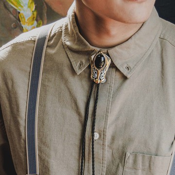 復古裝飾 黑瑪瑙 保羅領帶 Bolo Tie 皮革項鍊 皮繩領帶 長項鍊