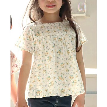 日本 ZOOLAND - 浪漫歐風緹花短袖上衣-滿版小花-鵝黃