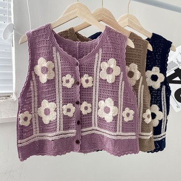 復古開衫針織馬甲女新款秋冬韓系鉤花鏤空短款毛衣馬夾外套