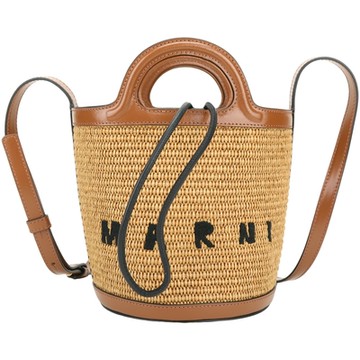 MARNI Tropicalia 小款 字母刺繡拼拉菲草編織手提/斜背水桶包(棕色)