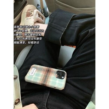 冬季加絨黑色翻邊直筒牛仔褲女胖妹妹梨形身材寬松顯瘦九分闊腿褲