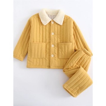 日系秋冬男孩寶寶純棉加絨加厚夾棉家居服套裝兒童睡衣男童棉睡衣