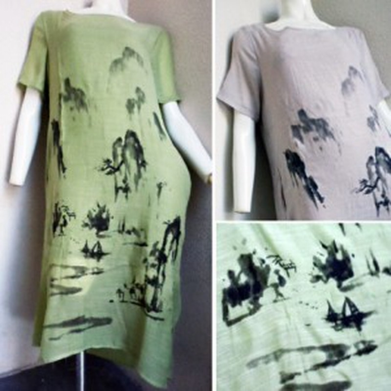 送料無料 ワンピース 半袖 和柄 水墨画 墨絵 日本画 わびさび 古美術 浮世絵 和雑貨 日本土産 オリエンタル 膝丈 麻素材 黄山 仙境 蓮池 通販 Lineポイント最大1 0 Get Lineショッピング