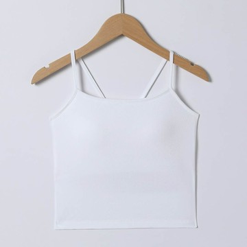 JS - 細肩帶簍空美背中短版BRA TOP/附罩杯上衣-白色