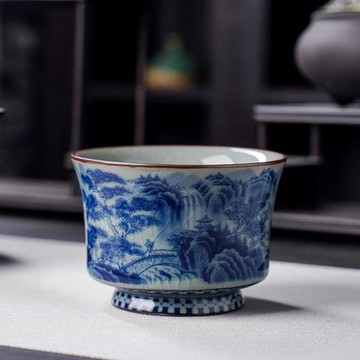 景德鎮老陶泥青花瓷陶瓷主人杯馬蹄杯山水單杯個人專用茶杯品茗杯