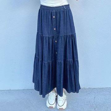 Hana-Mokuba花木馬日系女裝鬆緊腰牛仔蛋糕裙_深藍牛仔