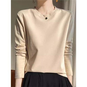 80支雙面絲光棉長袖T恤女V領圓領寬松大碼精梳純棉上衣秋季打底衫