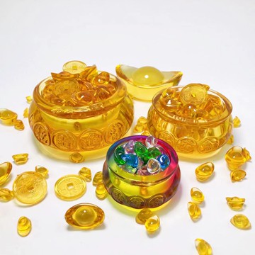 琉璃黃水晶聚寶盆元寶擺件辦公室風水聚財轉運客廳裝飾品配送木座