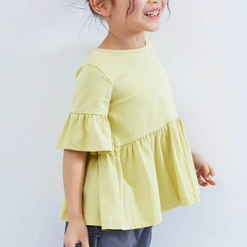 日本 devirock - 寬鬆圓領荷葉五分袖上衣-淺黃
