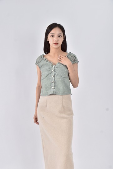 (S) 珍珠綠色短袖上衣