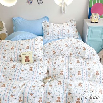 FOCA藍色熊仔 單人-韓風設計100%精梳純棉二件式薄枕套床包組