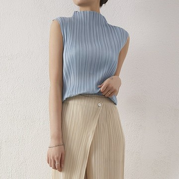 現貨+預購 三宅風皺褶衣服褶皺上衣摺衣彈力女裝顯瘦折衣大碼-無袖T恤高領背心6色74fg10【獨家進口】【米蘭精品】