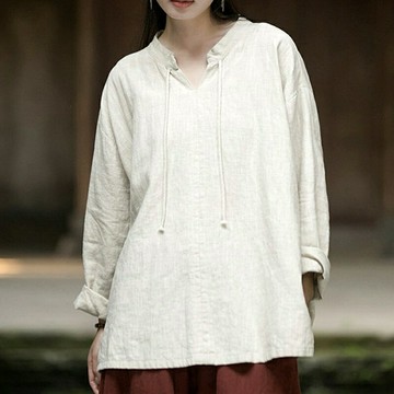 現貨+預購 新中式T恤棉麻上衣手工亞麻長袖襯衫夏季女裝大尺碼-長袖文藝顯瘦女上衣2色74lw58  【獨家進口】【米蘭精品】