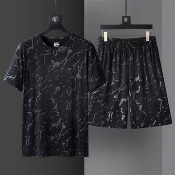 順意好物優選男裝夏季大碼男士休閑冰絲套裝新款短袖短褲兩件套男