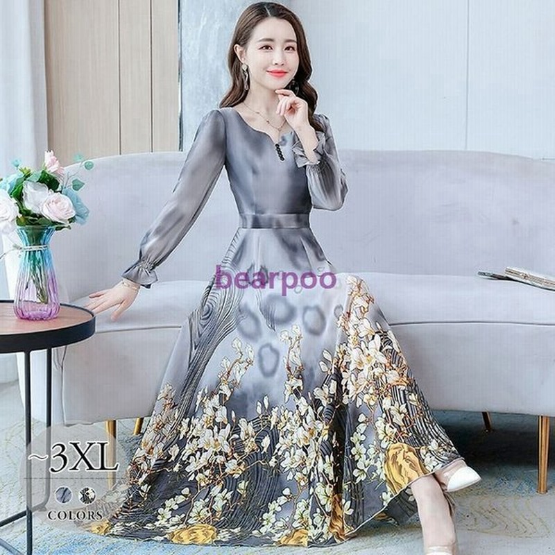 ワンピース プリント柄 Vネック 長袖 シルク 秋冬 ウエスト切替 ファスナー ロング丈 グレー ウエスタン 着やせ 個性的な素敵な柄が可愛い Eig13 通販 Lineポイント最大0 5 Get Lineショッピング