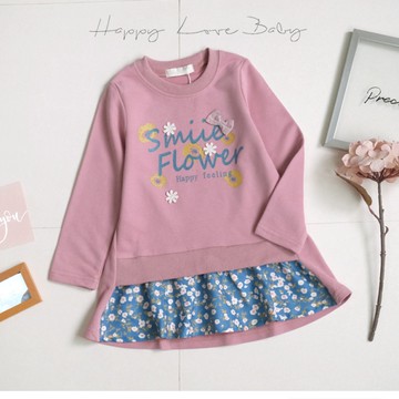 拼接碎花率性字母長版上衣 秋冬童裝 女童洋裝 女童長袖 女童棉T 長袖洋裝 秋冬洋裝 長版上衣