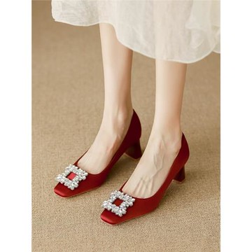 法式方頭粗跟單鞋女絕美水鉆秀禾婚鞋伴娘鞋子不累腳一腳蹬高跟鞋
