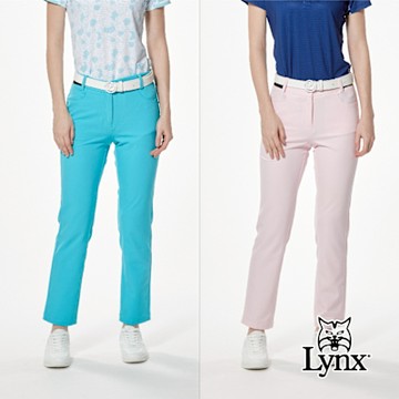【Lynx Golf】女款環保紗材質四面彈性側腰剪接壓紋針織帶造型後袋Lynx繡花窄管九分褲(二色)