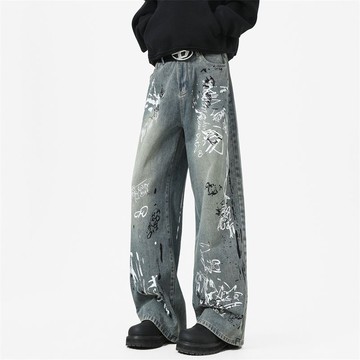 冬季設計感彎刀直筒褲男高街潮流痞帥個性塗鴉休閒褲男