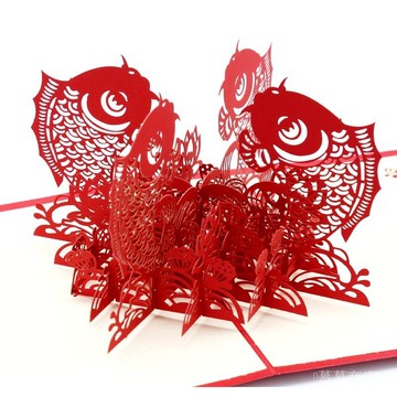✨可開發票#2024年創意年年有魚3D立體賀卡春節新年祝福鏤空紙鵰定製logo#免運