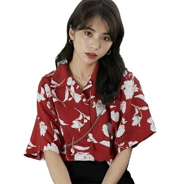 復古大碼胖mm印花襯衫女西裝領寬松短袖襯衣雪紡上衣【木屋雜貨】
