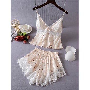 睡衣女夏天性感冰絲2025新款吊帶短褲套裝帶胸墊蕾絲純欲夏季薄款