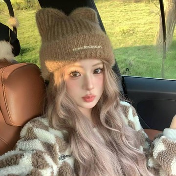 免運🔥帽子假髮女仿真發白金捲髮一體秋冬可愛咖色貓耳朵毛絨針織毛線帽全頭套式假髮套 假髮帽 一體式整頂假髮帽 整頂假髮