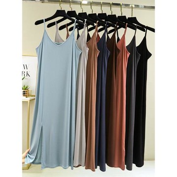 純色吊帶裙睡裙女夏新款性感中長款連衣裙居家外穿睡衣薄款打底裙