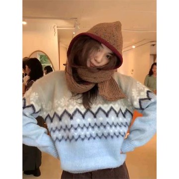 現貨～秋季韓國東大門sie*ne復古提花毛衣撞色雪花圓領針織衫女