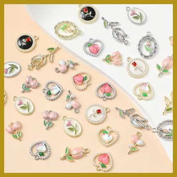 電鍍閤金吊墜 滴油鬱金香愛心閤集 diy手鏈項鏈耳環飾品配件 掛件 帶孔吊墜 飾品掛飾