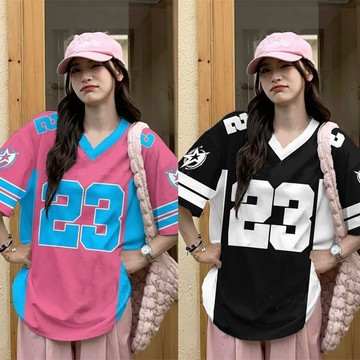 現款免運 大碼美式冰球服 橄欖服 美式球衣 美式女高復古撞色短袖數字印花T恤V領辣妹甜酷球衣上衣顯瘦E