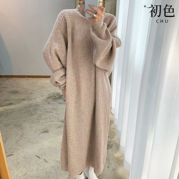 初色 韓系慵懶純色直筒高領長袖寬鬆針織連衣裙連身洋裝長裙-共3色-17347(F可選)