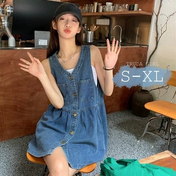 《杜達女孩》一件就能俏皮出門 S-XL牛仔排釦背心裙 吊帶裙 排扣連身裙 連衣裙 牛仔背心裙 裙子 無袖連身裙
