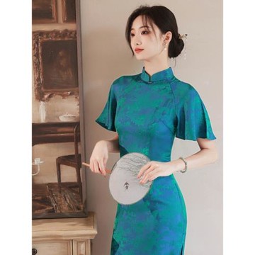 亭楓2026春夏新款改良藍綠色國風中長款顯瘦年輕款老上海日常旗袍