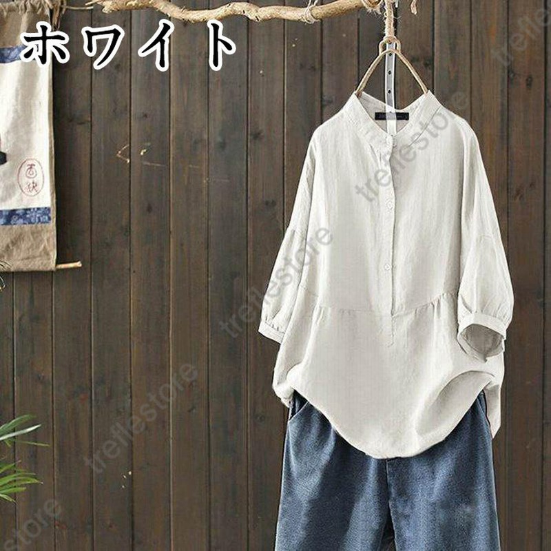デニムシャツ シャツ レディース ラウンドネック 丸首 長袖 大きいサイズ 無地 綿麻混 コットンリネン Tシャツ 涼しい オシャレ フォーマル 通勤 デニムシャツ シャツ レディース ラウンドネック 丸首 長袖