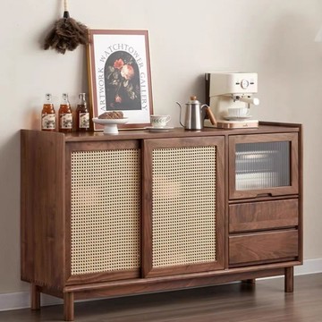 免運 實木廚房收納櫃 法式藤編餐邊柜實木儲物柜茶水柜北歐客廳家用一體多功能收納柜子