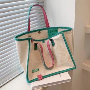 大容量學生上課通勤帆布包夏季大包包女2025撞色小清新手提托特包