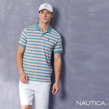 Nautica男裝 休閒撞色條紋短袖POLO衫-藍粉色