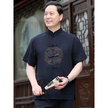 中國風唐裝男中老年爸爸夏裝衣服薄款休閑棉麻短袖夏季男裝套裝男