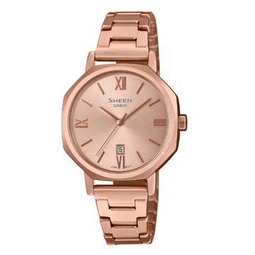 【CASIO 卡西歐】SHEEN 簡約自信 八角形設計 優雅玻瑰金 藍寶石水晶玻璃 SHE-4554PG-4A_30mm
