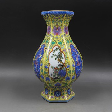 清雍正年制描金琺瑯彩六方花鳥福筒瓶 仿古瓷器 家居擺件古玩收藏1入