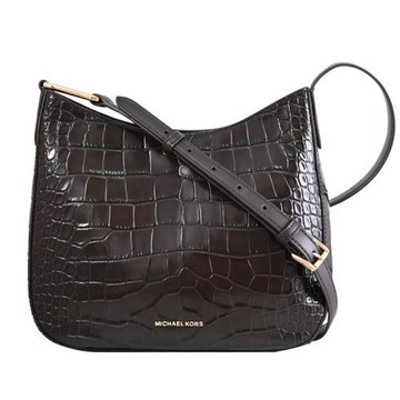 MICHAEL KORS KENSINGTON 經典LOGO鱷魚紋斜背彎月包.深咖