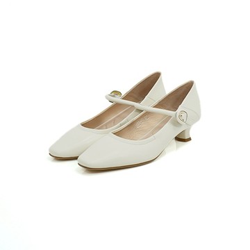 viina 真皮素面低跟瑪莉珍鞋-米白